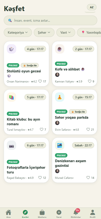 Kovero — kəşfet ekranı